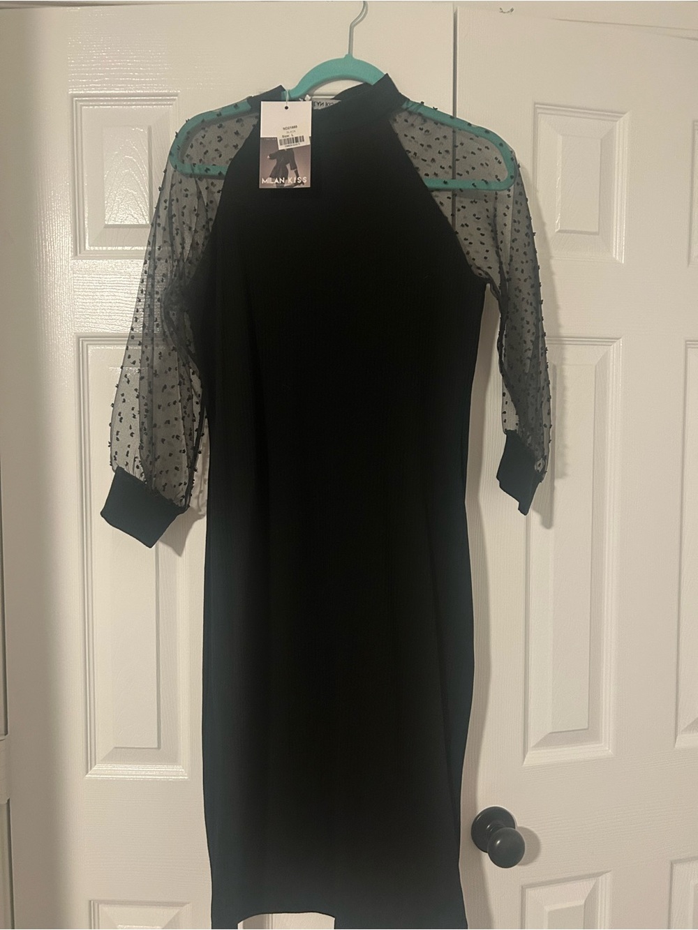 Milano Black Midi Dress with Sheer Dotted Sleeves